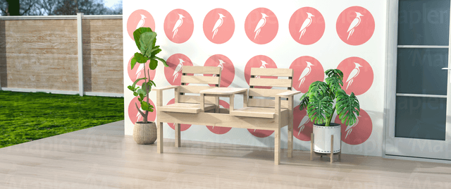 Banca bifurcada de madera con apoya-brazos para exteriores.